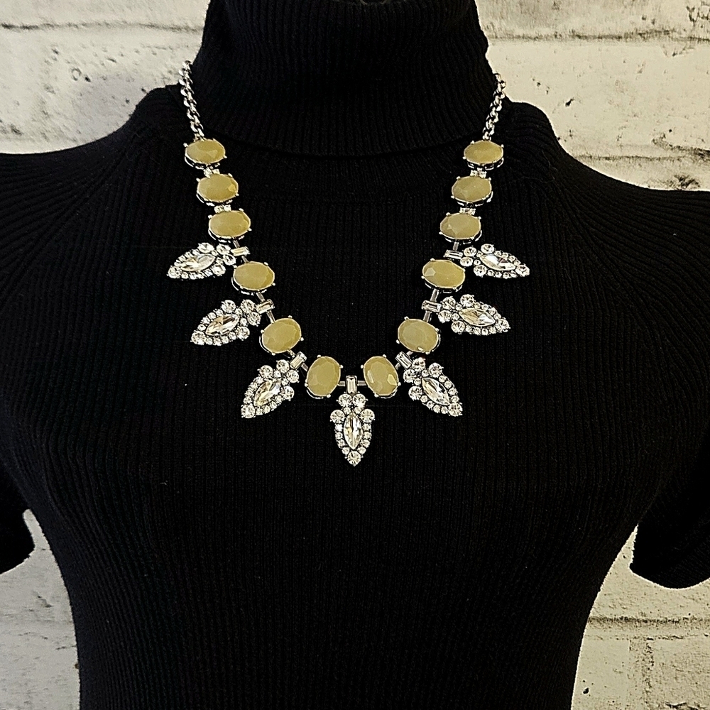 Lia Sophia Yellow Rhinestone Leaf Statement Necklace Silver Tone Retired